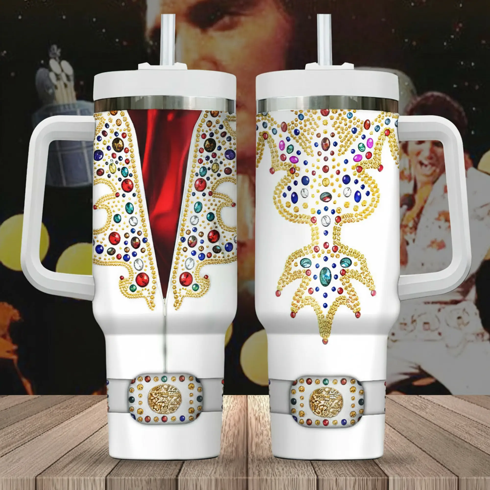 Elvis Presley 40oz Tumbler with Handle - King of Rock 'n' Roll Jumpsuit Design - Retro 70s Legend Aesthetic 40 oz Stainless Steel Cup with Straw - Gift for Elvis Fans & Collectors - Rockabilly Merch