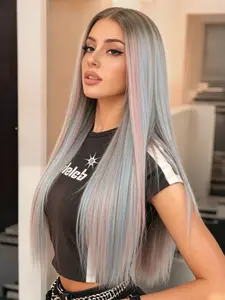 Pastel Pink Blue Highlight Wig 13x4 Lace Front Wigs Free Parting 3-Tone Highlight Straight Wig Soft HD Transparent Lace Frontal Lace Melt Wig Heat Resistant Synthetic Wig for Women Everyday Wear Party Festival 28 Inch
