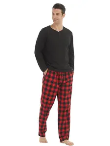 Mens Winter Pyjamas Sets Ultra Soft Henley Long Sleeve Top & Flannel Checked Bottoms Fleece Pyjamas for Men Loungewear PJs Sleepwear
