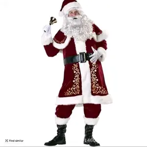 Santa Clause Suit - Red Velvet with Gold Embroidery and White Fur Trim for Festive Christmas Events