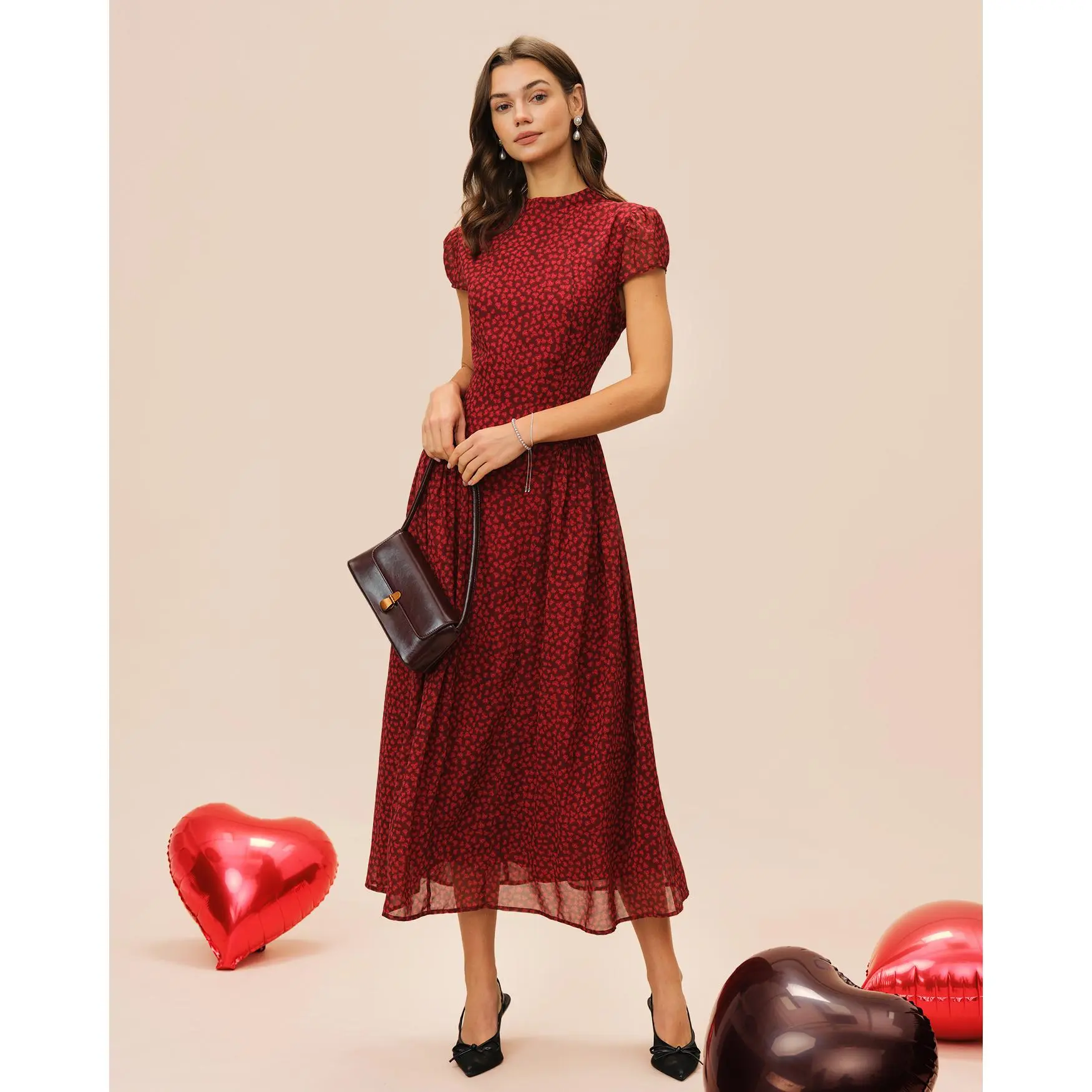 RIHOAS Women's Elegant Floral Print Chiffon Maxi Dress - Mock Neck, Cap Short Sleeves, Waisted, Side Ruching, Shirred A-Line Sheath, Polyester, No Formal Fit, Summer Daily Going Out Casual Dress