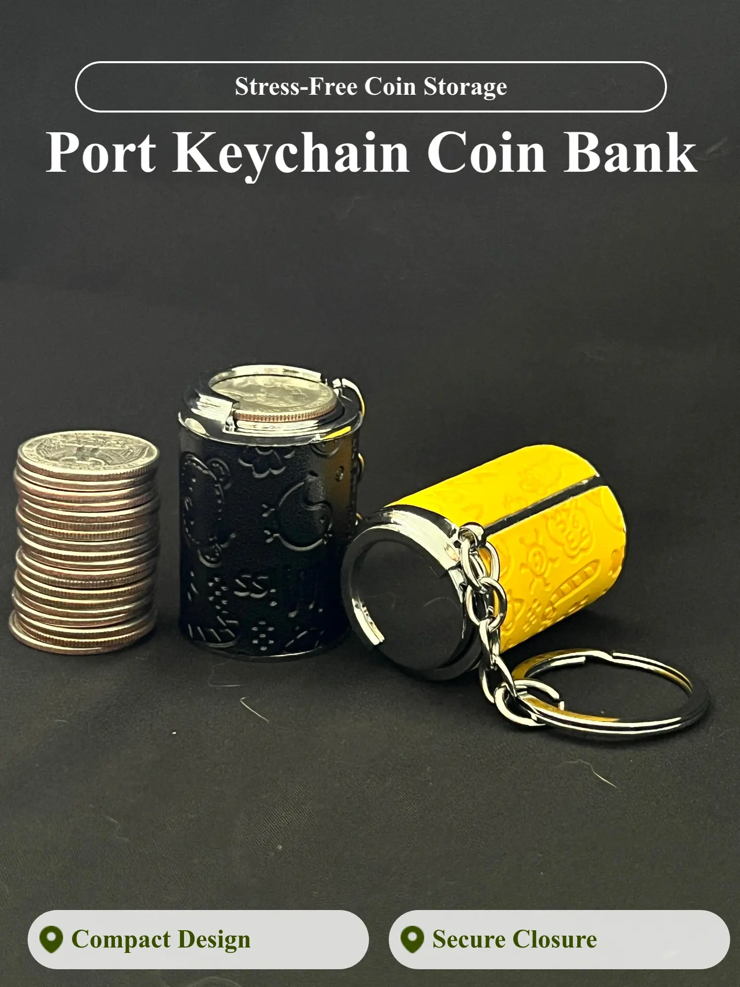 Portable Keychain Coin Bank,Coin Storage (Hold 20 Quarters), Dual Design Fidget Stress Reliever, Secure Snap Closure Small Change Pocket for Everyday Carry,Portable Keychain Coin Bank