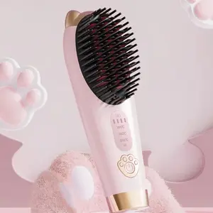 Cordless Negative Ion Hair Straightener Brush, Portable 3 Temp Heat Straightening Comb,USB Rechargeable Cute Cat Hot Comb for Frizz-Free Styling