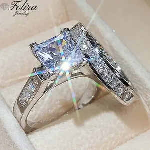 Bright Cubic Zirconia Engagement Women's Ring Set Fashion Elegant Accessories Wedding Party Jewelry Gift Size 5-12