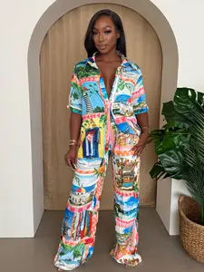 Tropical Mosaic - Button-Down Shirt & Wide-Leg Pants Set for Chic Resort Moments Casual Wear with Bold Patchwork Scenic Print