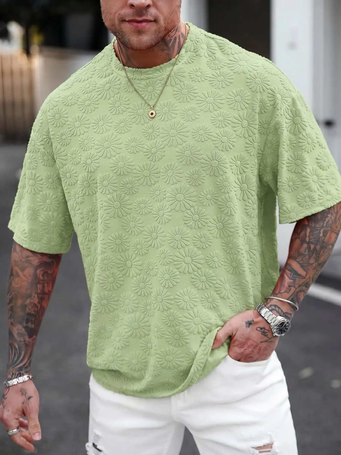 Men's Short Sleeve T-Shirt, Casual Tropical Floral Pattern, Fitted H-Type Silhouette, Round Neck, Summer Daily Wear, Fashionable Regular Fit Top, Classic, Streetwear