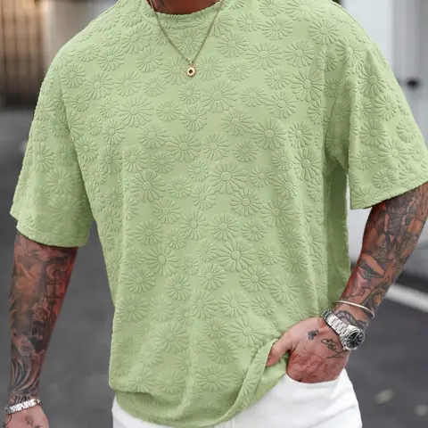 Men's Short Sleeve T-Shirt, Casual Tropical Floral Pattern, Fitted H-Type Silhouette, Round Neck, Summer Daily Wear, Fashionable Regular Fit Top, Classic, Streetwear, Casual Printed