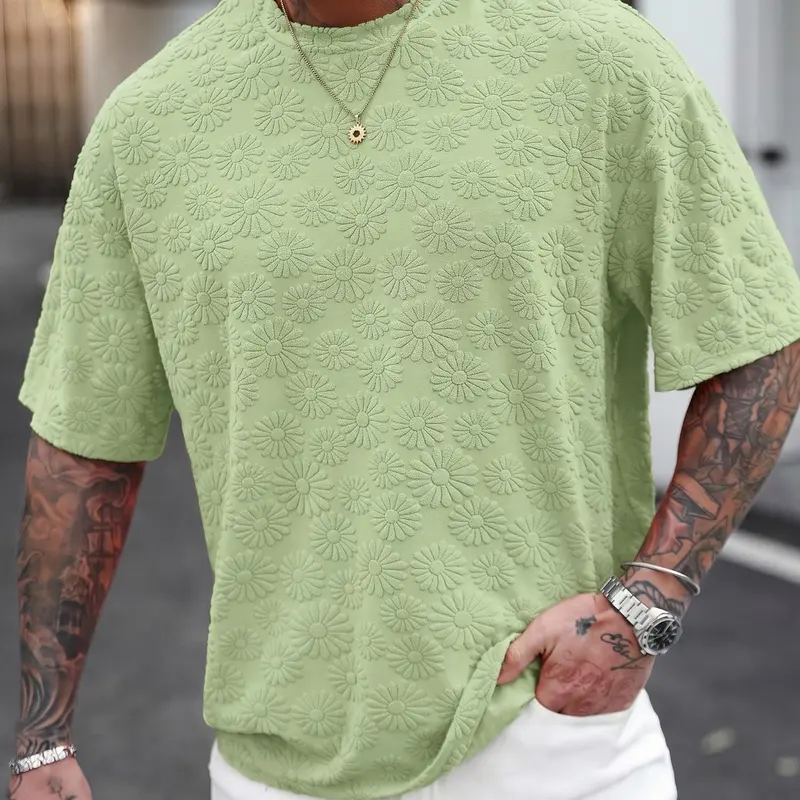 Men's Short Sleeve T-Shirt, Casual Tropical Floral Pattern, Fitted H-Type Silhouette, Round Neck, Summer Daily Wear, Fashionable Regular Fit Top, Classic, Streetwear, Casual Printed
