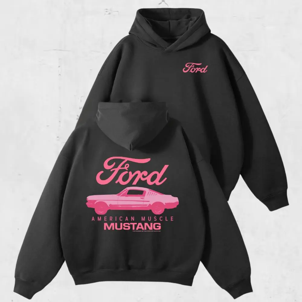 Pink Mustang Ford Hoodie/T-Shirt - American Muscle Car Graphic Tee for Car Lovers, Vintage 90s Style Summer Outfit for Men and Women