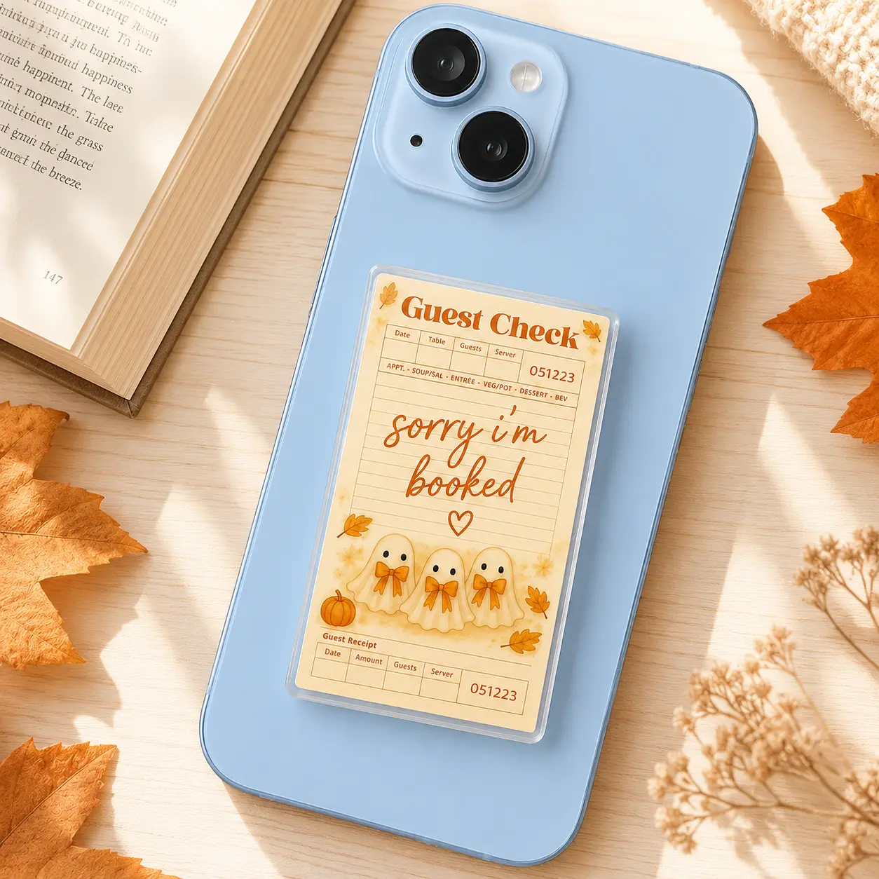 Aesthetic 2D Acrylic Sorry Im Booked Phone Grip, Cute Ghost Pop Socket, Fall BookTok Phone Stand