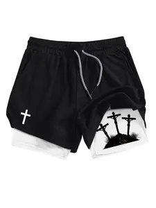 Men's Cross Print 2-in-1 Gym Shorts, Athletic Sports Shorts, Regular Fit Breathable Quick Drying Shorts for Gym Workout Running, Casual Men's Sportswear for Summer