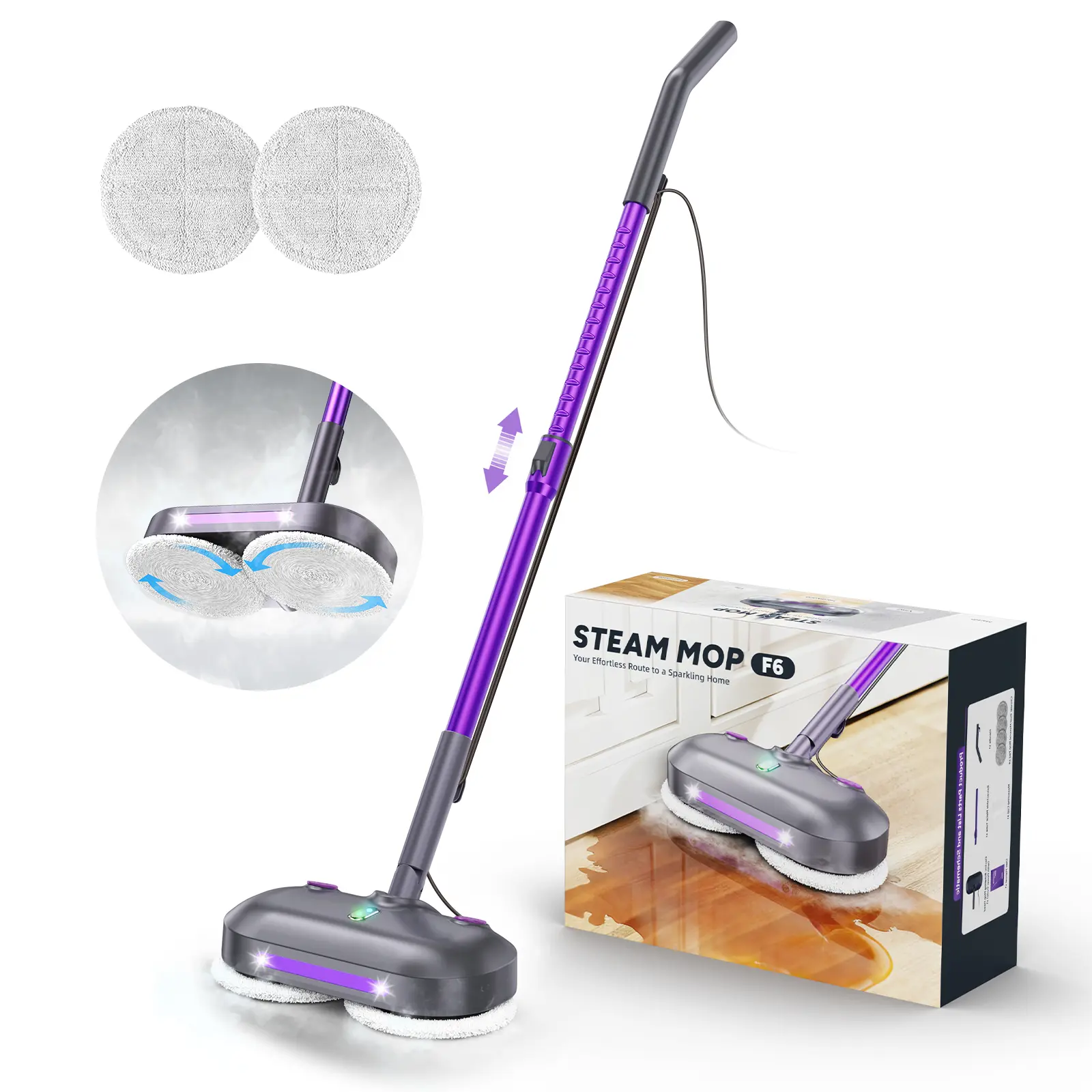 F6 Scrubbing Steam Mop with Rotating Pads,Scrubbing and Sanitizing Floor Cleaner,Large Tank,23FT Cord, LED Headlights,Reusable Pads & Self-Standing,Safe for Hard Floor/Laminate/Marble