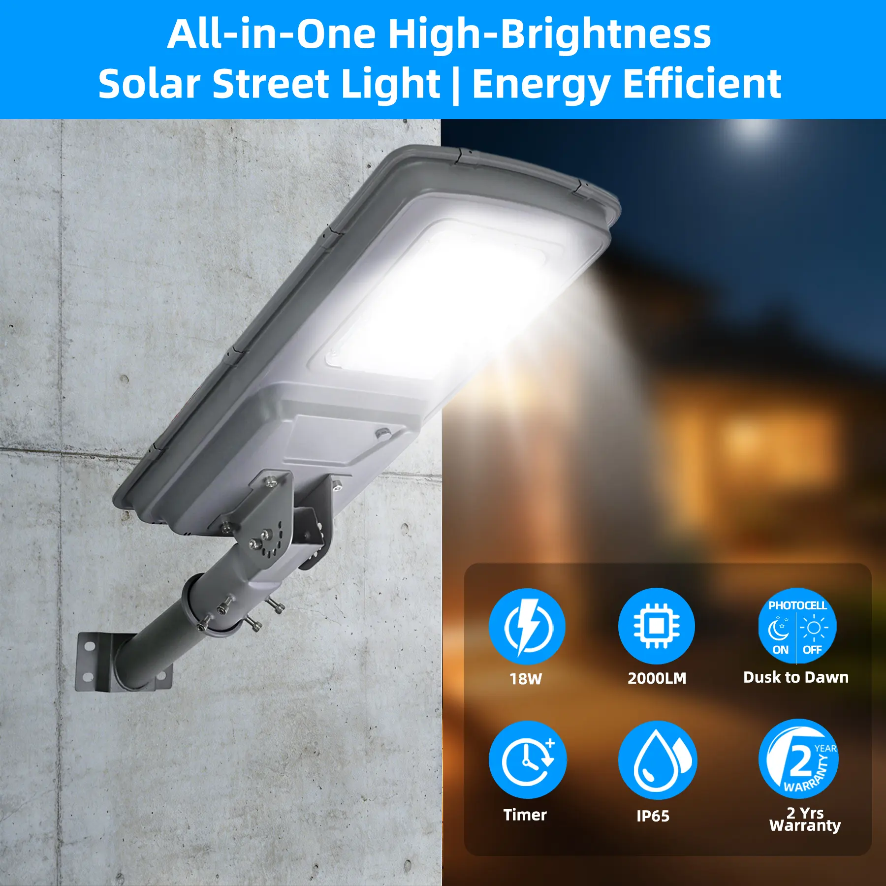 18W All-in-1 High-Brightness Solar Street Lamp, 2000LM Outdoor LED Flood Light with 8-12H Runtime, Dusk-to-Dawn, Remote Control, IP65 Waterproof, 120° Wide Beam Angle for Courtyard, Parking Lot Lighting, 8–12 Hours, Solar Floodlight, Bracket