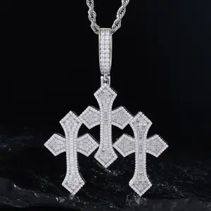 【P632 Livestream】Triple Cross Pendant S925 Sterling Silver Synthetic Moissanite Pendant Necklace Cross Pendant Fashion Suitable for Men and Women Hip Hop Rap Jewelry Gift