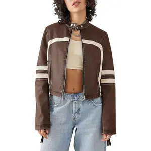 Women's Leather Colorblock Pocket Zipper PU Moto Biker Jacket - Longsleeves Mock Neck Loose Fit Streetwear Tops, Comfortable Fall & Winter Vibe Outdoor Casual Outerwear