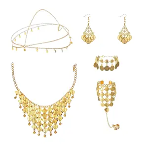 Belly Dance Jewelry Set Women Belly Dance Gold Sequins Head Chain Coins Necklace Earrings Bracelets Bohemian Tassel Anklet Chain Hand Ring Bracelet Anklet Coin Veil Necklace,Car Interior Accessories