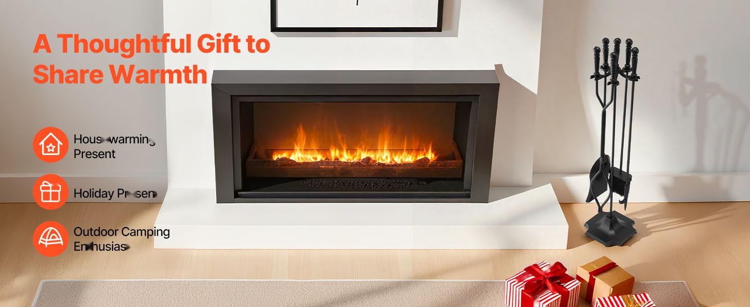 Fireplace Tool Set 5-Piece With Stand And Holder, Tongs, Shovel, Brush, Poker, Five-Prong Stand, Wrought Iron Fireplace Accessories For Indoor Outdoor Campfire Use, Black Durable Steel Construction With Easy-Grip Handles