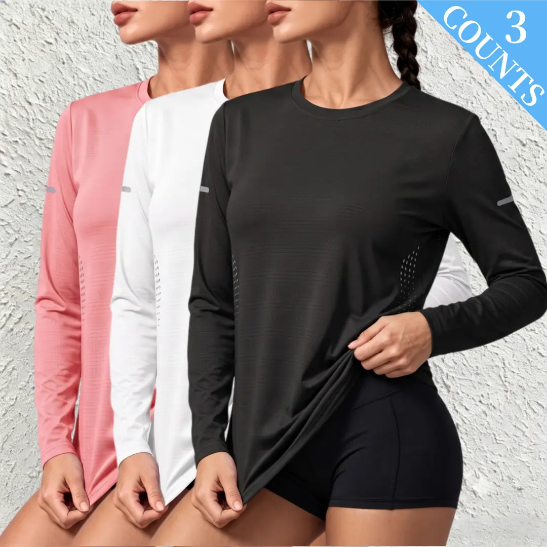 3-pack women’s long-sleeve sports T-shirts, quick-dry running tops with breathable mesh and reflective stripes for fitness training, suitable for running, workouts, hiking, yoga, and everyday casual wear