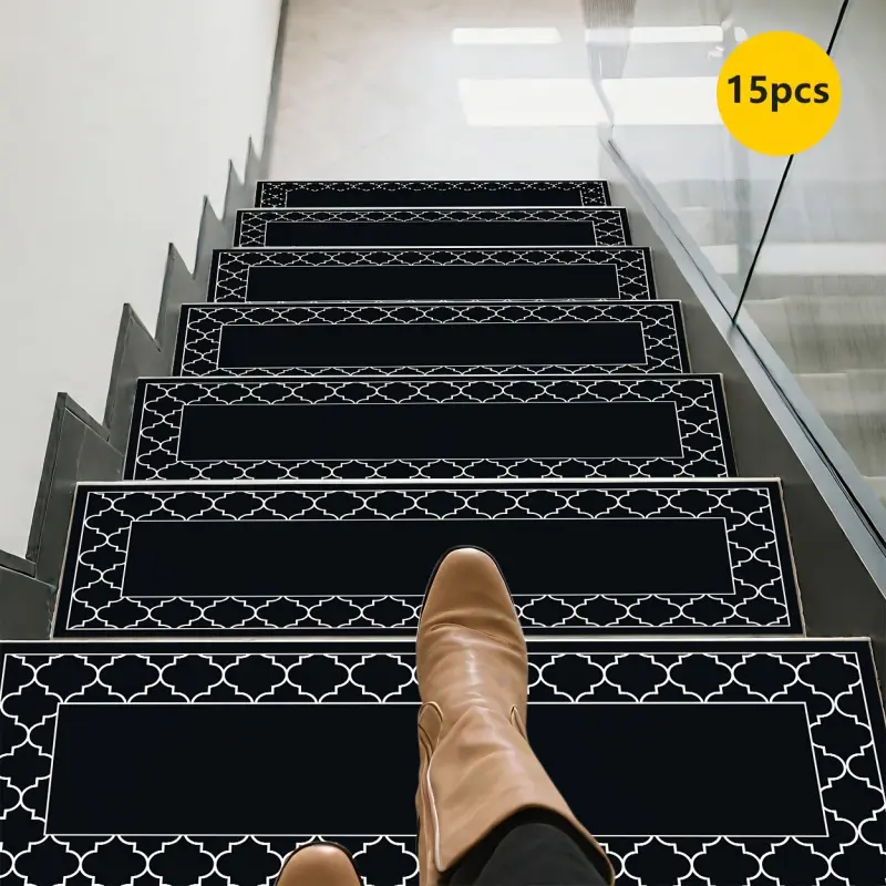15pcs of Black And White Patterned Stair Mats, Non-Slip Stair Carpets, NO adhesive glue on the back,Protective Step Carpets, Bordered Stair Mats for Home Decoration, Suitable for Indoor/Outdoor Stairs, Wooden Or Hard Surfaces