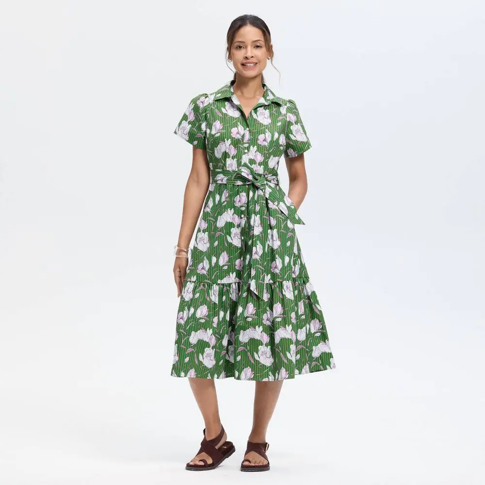 Women's Button-Down Short Sleeve Midi A-Line Dress - Universal