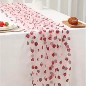 1 piece, pink strawberry mesh tablecloth, exquisite pink base with red strawberry pattern mesh table runner, suitable for strawberry-themed birthdays, wedding parties, graduation seasons, and Valentine's Day