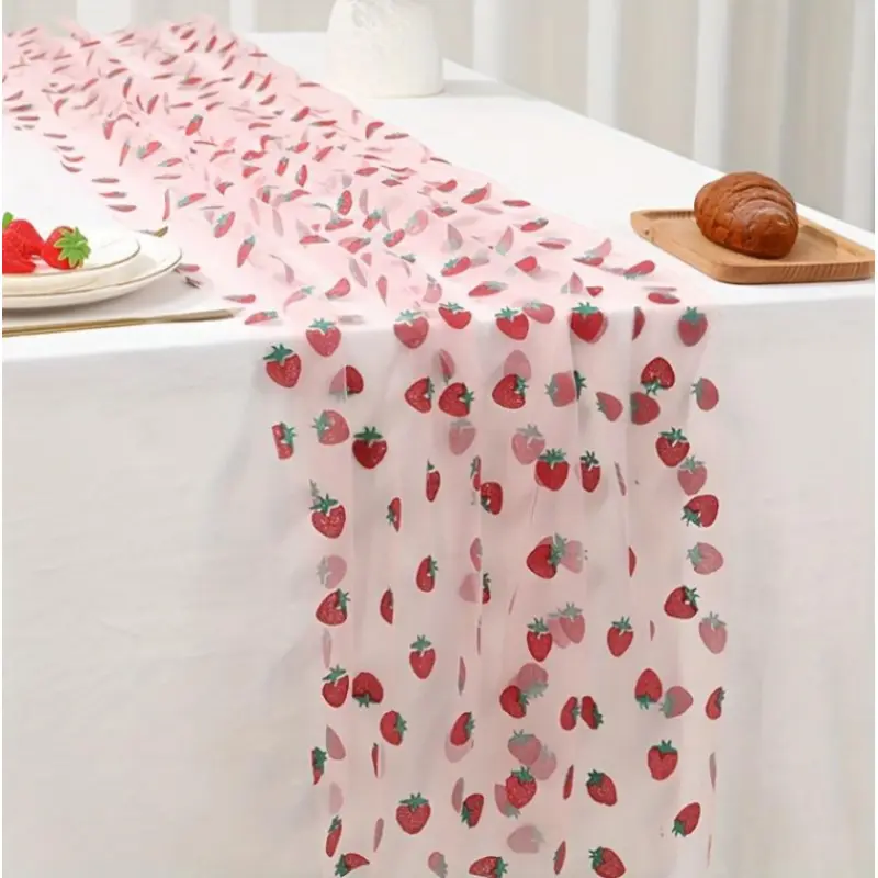1 piece, pink strawberry mesh tablecloth, red strawberry pattern mesh table runner, suitable for strawberry-themed birthdays, wedding parties, Valentine's Day, Party Decoration, Table Centerpiece, Party Decor Supplies