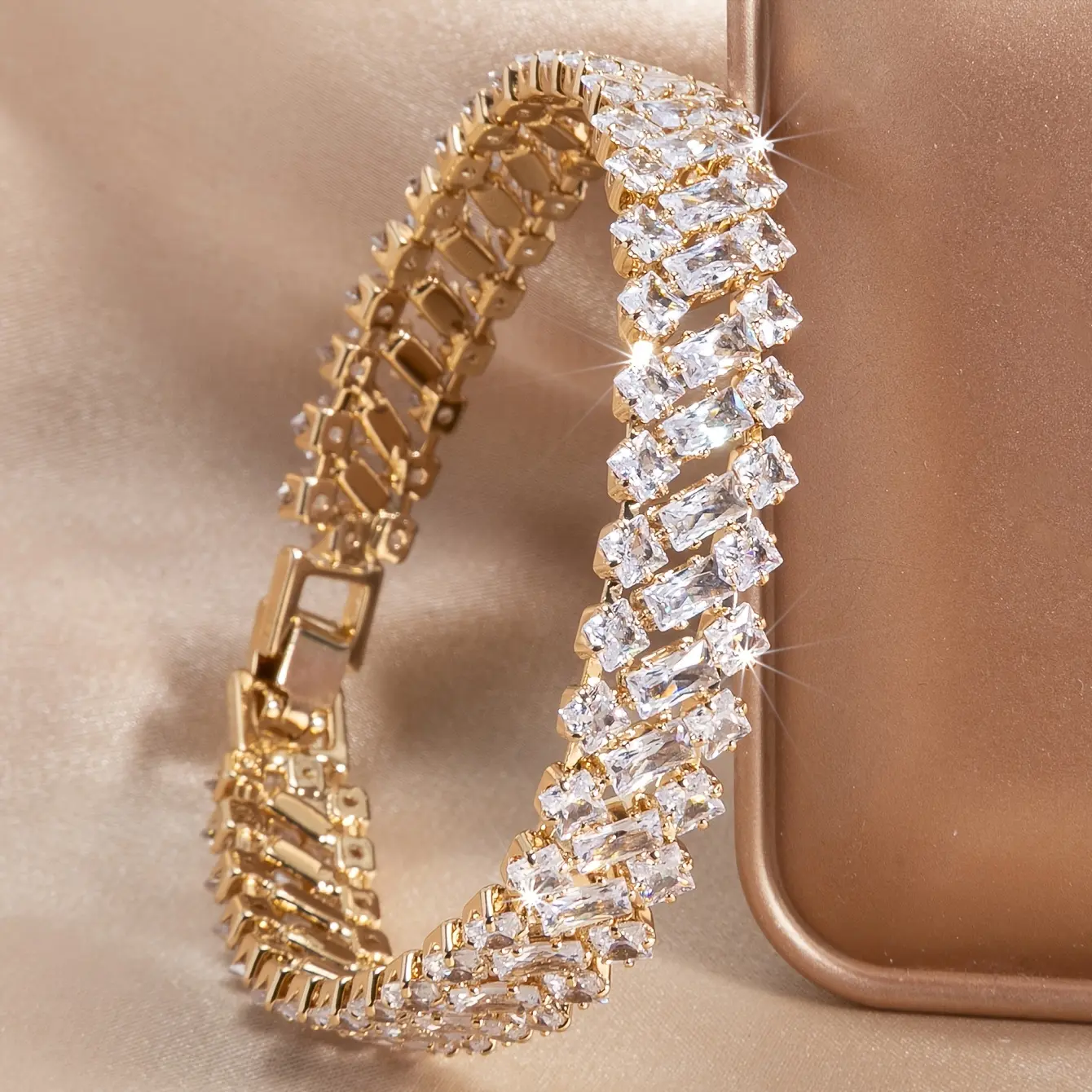Women's Fashion Watch and Bangles Set, Finely Crafted Gold-Tone Jewelry with Zirconia Stones for a Chic Look, Gift for Her, Female, Fine Craft, Bracelet, Daily Wear, Sparkling Gems, Copper Base
