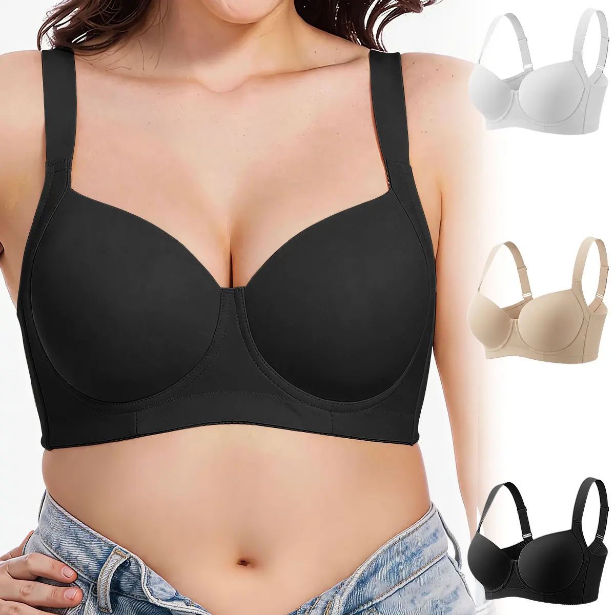 TryWish 1/3 Pack Women's Plus Size Full Coverage T-Shirt Bra, Solid Color Side Support Comfort Lingerie Sizes 38C-48D