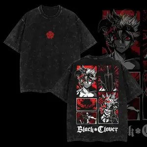 Men's Retro Vintage Limited Edition Black Clover Asta Devil Double-Printed Oversized Cotton Round Neck Short-Sleeve Seamless Soft Lightweight Acid Washed T-Shirt, Menswear Anime Apparel Gift for Streetwear Enthusiasts, Holiday Occasions,summervibes
