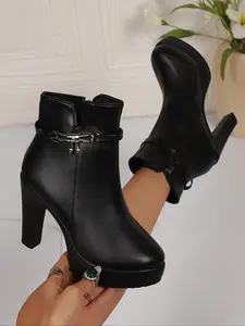 Women's Fashion Short Boots Fall Winter, Round Toe Thick Sole Chunky Heel, Korean Style Waterproof Side Zipper Metal Decor Work Ankle Boots