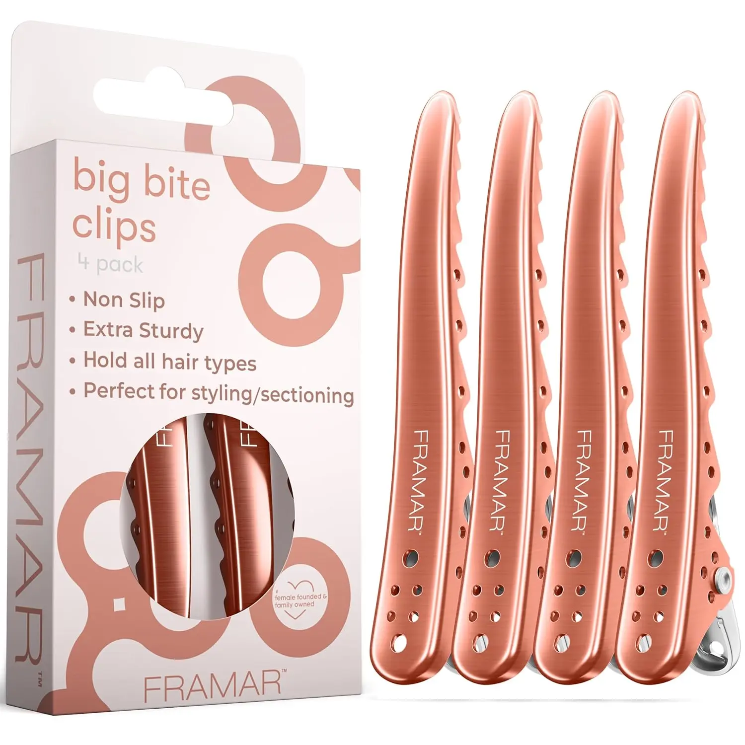 Framar Pink Hair Clips For Styling Professional Metal Clips For Women Extra Strong No Slip 4 Pack Rose Gold