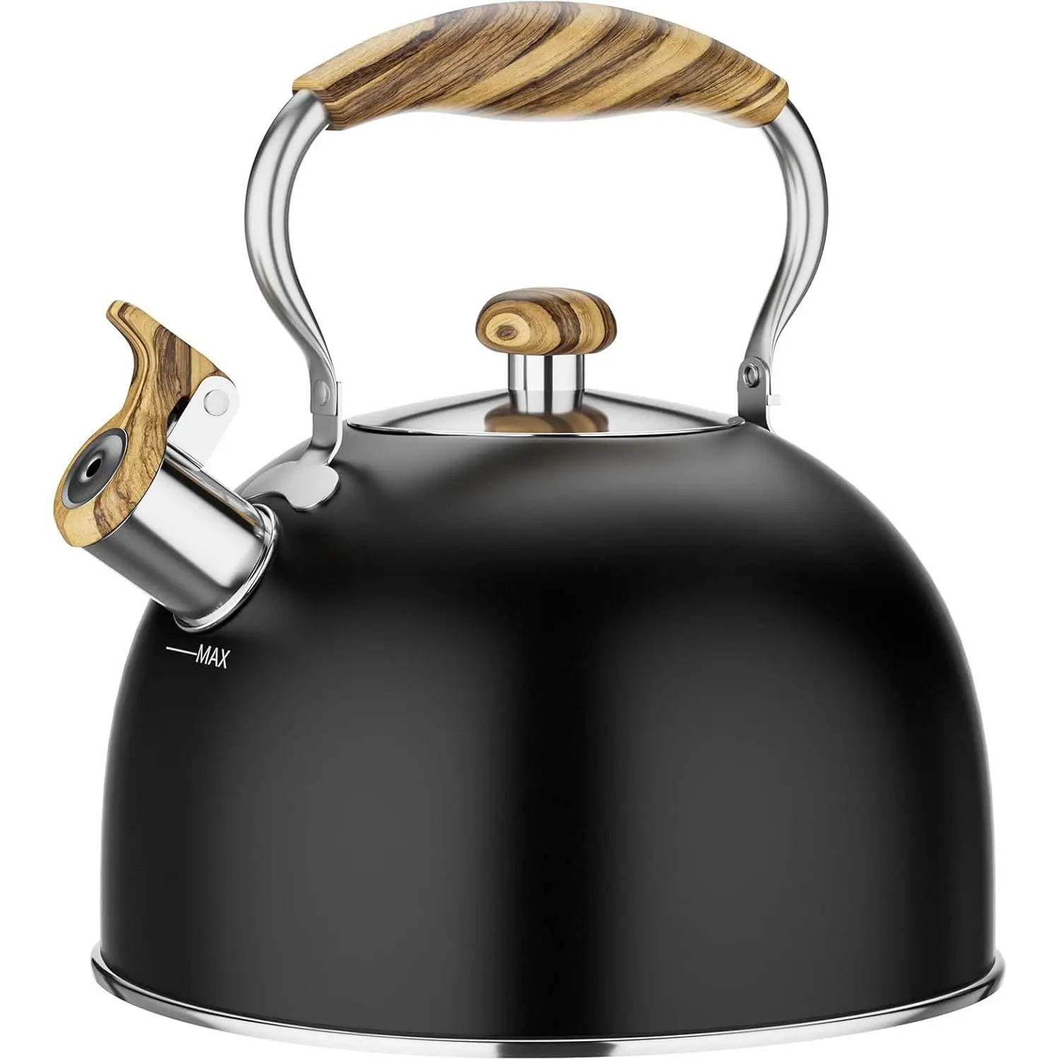 2.6 Quart Whistling Stove Top Teapot Food Grade Stainless Steel Teapot with Cool Wood Grain Handle Black