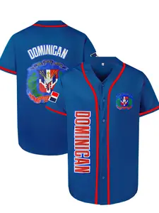Boyfriend Style Men's Letter and Number Embroidered V Neck Dominican Flag Baseball Jersey, Sportswear Clothing, 80s Short Sleeve Button Sports T-shirt, Back To School Outfits