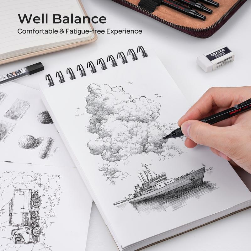 Nicpro 5 Pack Black Art Mechanical Pencil Set, Metal Drafting Pencils 0.3, 0.5, 0.7, 0.9, 2mm Graphite Lead Holder (4B 2B HB 2H Colored) For Writing Sketching Drawing With 9 Lead Refills Eraser Case