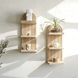 Modern Bohemian Wooden Wall Shelf, Multi-Layer Floating Bookshelf, Arc Design, Handmade Wood Decor, 3-Tier Wall Storage Rack, Boho