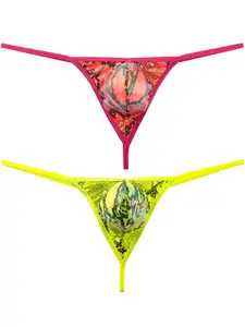 2-Pack Men's Printed Thongs, Breathable Stretch Mesh, Sexy Slim Fit, All-Season Comfort, Trendy Summer Underwear, Underwear All Seasons