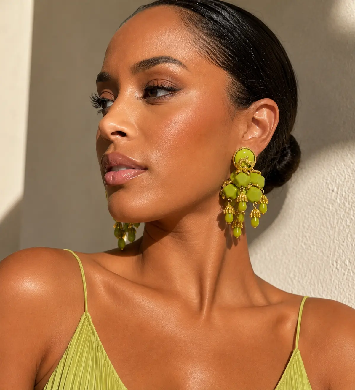 Lime Green & Gold Statement Drop Earrings