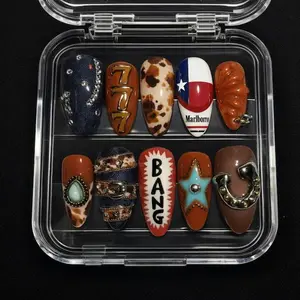Western Press On Nails – Lucky Cowgirl 777 Rodeo Nail Set with Cow Print & Turquoise Star Nails