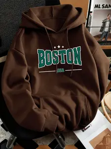 Autumn & Winter Fleece-Lined Hooded Sweatshirt, BOSTON Print, Suitable for Daily Wear & Outdoor Sports, Kangaroo Pocket, Soft Fabric, Comfortable & Durable, Minimalist & Fashionable, Men's Casual Pullover