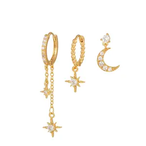 JEYFULL 3 Pairs Women's Earring Stacks, Trendy Moon Star Design Gold/Silver Stud, Hoops, Dangle Earring Stacking, Gift for Mom, Wife, Girlfriend