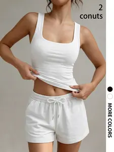 2PCS Basic Square Neck Cami — Elegant Versatile Casual Slim Fit Women Tank Top & Comfy Short Perfect for Daily Chic and Aesthetic Layering | Viral TikTok Trend, 2026 Style Essential, Soft Stretchy Fabric, Stunning Effortless Look, Womenswear