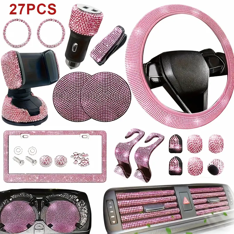 27pcs Of Women's Shiny Car Accessories Set, Including 15 Inch Universal Shiny Steering Wheel Cover, Shiny License Plate Frame, Phone Holder, And Car Coaster, Women's Gift, Christmas Gift