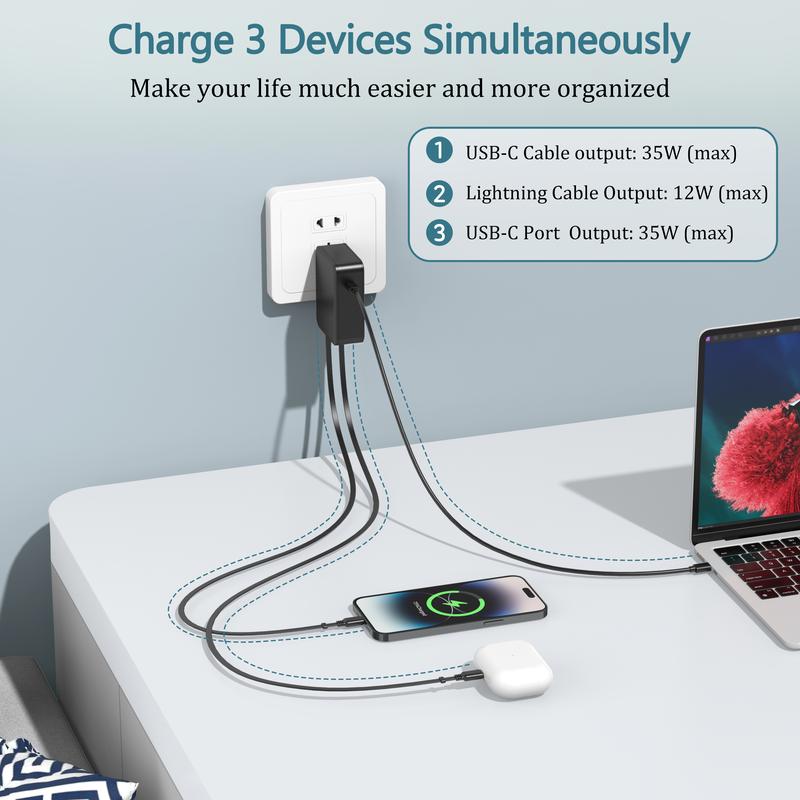 35W Retractable Wall Charger with Dual Charging Cables & 3-Port USB Hub, Fast Charging for iPhone, iPad, Tablets, Samsung, LG & More