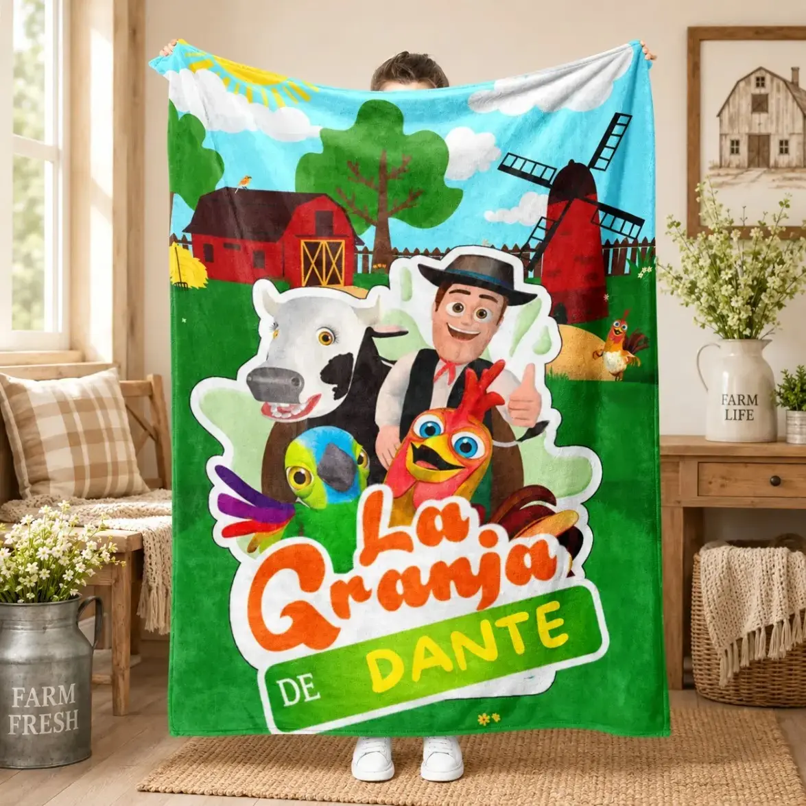 Cute Farm Cartoon Character Flannel Throw Blanket, wearable hooded & regular bedding dual style, durable all-season textile with machine washable feature, cozy home essential & lovely holiday gift for children and cartoon style enthusiasts