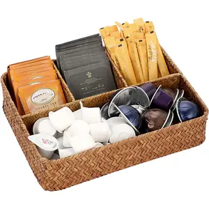 Tea Bag Sugar Packet Holder Woven Seagrass Storage Basket 4 Sections Wicker Pantry Organizer Hand-Woven Divided Basket Coffee Condiment Organizer for Drawer Shelf Countertop Caramel