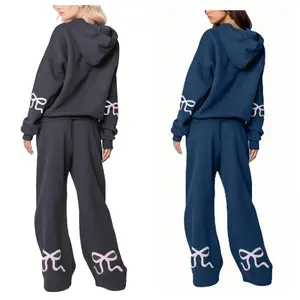 DUTUT Two Piece Bow Graphic Print Hoodie & Sweatpants Set Oversized Pullover High Waist Joggers Tracksuit for Women Premium Cotton-Polyester Blend
