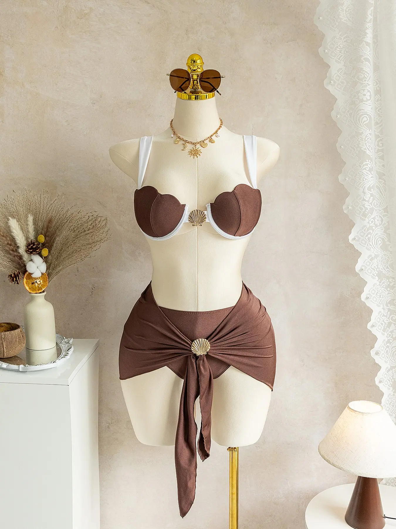 Women's Summer Bikini Three-Piece Set, Fashion Shell Top with Thick Straps, Half Skirt with Metal Shell Accessories, Perfect for Beach Vacation, Swimsuit Set, Swimwear Set, Swimsuits Set