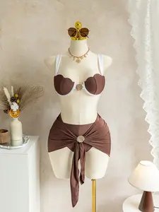 Women's Bikini Three-Piece Set, Fashion Shell Top with Thick Straps, Half Skirt with Metal Shell Accessories, Perfect for Beach Vacation, Swimsuit Set