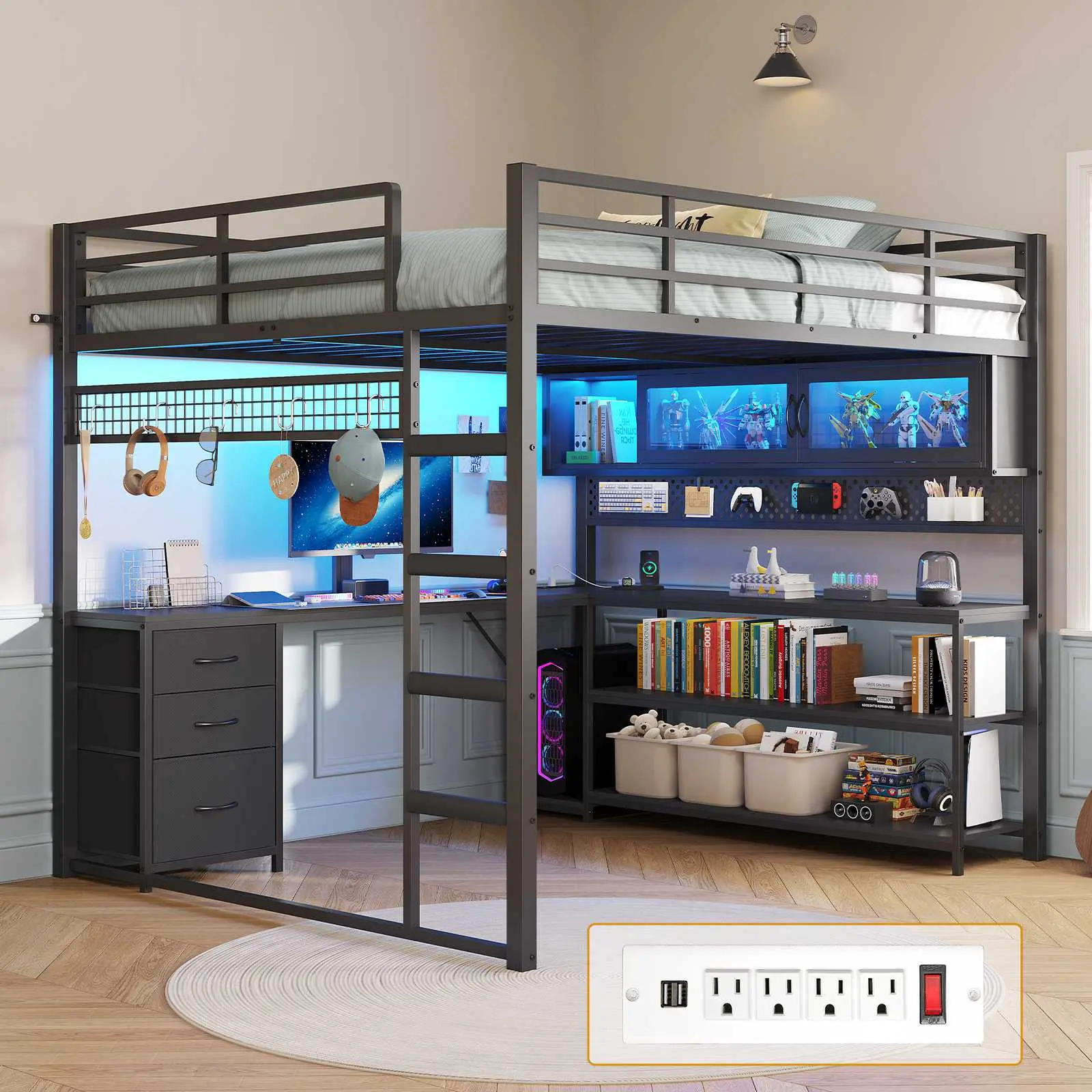 ADORNEVE Full Size Loft Bed with L-Shaped Desk, Acrylic RGB Hutch, Safety Power Outlet, Metal Structure, Storage Drawer, Shelves & Safety Guardrail – Heavy Duty Indoor Double Bed for Teens, Space-Saving, Heavy Duty Beds