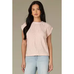 Extended Sleeve Scoop Neck Textured Mixed Media Petite Woven Top